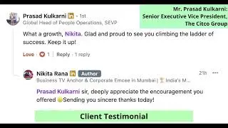 Corporate Event Host Nikita Rana anchoring for Client Testimonial by Mr. Prasad Kulkarni