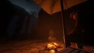 [4K] RDR2 Rain & Thunder Campfire Ambience | Waterfall Relaxing Sleep Study Background