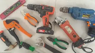 Engineering Tools Collection, Drill, Grinder, Screwdriver, Pliers, Wrench, Saw, hammer
