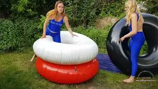 Bouncing on big IW inflatable swim rings / tubes in the garden with a friend!👀🎈
