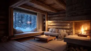 Cozy Cabin by the Frozen Lake ❆ Soft Jazz & Crackling Fire for Relax