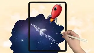 Rocket Flying Up to the Galaxy iPad Procreate Drawing - Digital Illustration
