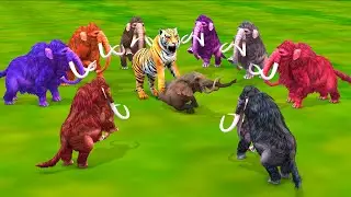 10 Giant Tigers vs 10 Zombie Mammoths Fight Cow Cartoon Elephant Save By Woolly Mammoth Wild Animals