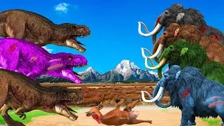 10 Dinosaurs vs 10 Zombie Mammoth Elephant Fight Cow Cartoon Rescue saved by Woolly Mammoth Elephant