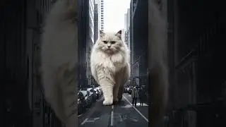 A Giant fluffy white cat walking down a city street in broad daylight 🐱😍