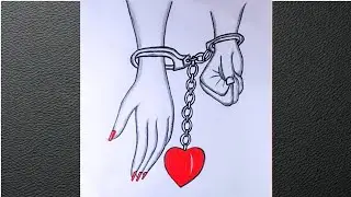 Cute couple hand holding drawing with handcuffs || step by step easy way- for beginners || drawing