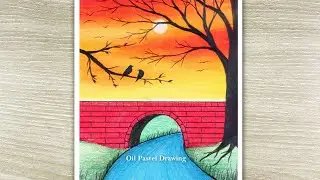 How to Draw Sunset Scenery with Oil Pastels, Bridge Landscape Drawing