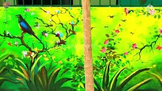 5t school garden painting/ how to make flowers,birds painting/ school me garden painting kaise kare