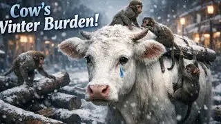 Heartbreaking Winter Story: Sad Cow Struggles Amid Mischievous Monkeys #emotionalstory #ai #animals 