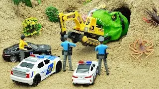 Rescue Car from the Dinosaur Cave with Police Car and Hand | COAS Toys TV