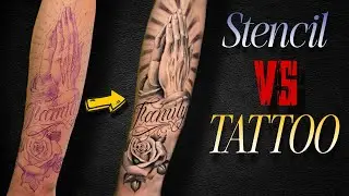 Realistic Praying Hands Tattoo with Family Lettering and Rose Design