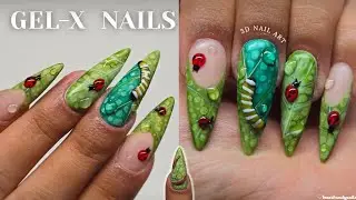 HOW TO CREATE TRENDING LEAF NAIL ART  WITH 3D BUGS 🐞 GARDEN GEL X NAILS TUTORIAL