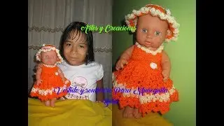 VESTIDO Y SOMBRERO PARA MUÑEQUITA BEBE A CROCHET.
