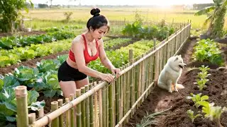 TIMELAPSE - Young Woman Building a Strong Farm Fence to Protect Crops and Livestock