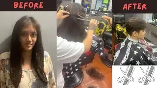 cute girl long hair cut short in traditional  male barbershop #haircut #ladieshaircut #pixiecut