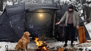 Hot Tent Camping in Heavy Snow | Deep Forest Winter ASMR | No Talking Cooking