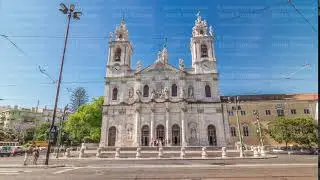 View on the Basilica da Estrela from the streets of Lisbon timelapse hyperlapse, Portugal.