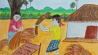  how to draw  village house scenery drawing painting./গ্রামের নবান্ন উৎসর দৃশ্য ছবি আকা 