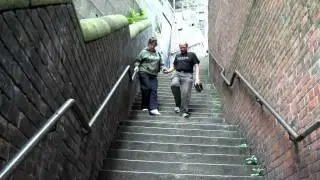 Debbie coming down Dog Leap Stairs