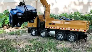 Epic RC Truck Recovery! HUINA 1538 Boom Truck Lifts Flipped Mini Truck.