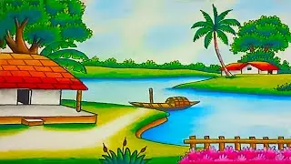How to draw easy scenery drawing beautiful riverside village scenery | village scenery drawing