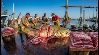 Processing a massive 300kg river titan: intense red meat harvest on deck