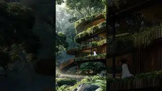 a hidden jungle villa with curved bamboo architecture and hanging gardens