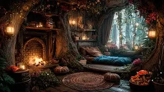 Mini Home under Old Tree | Mystery Forest Music & Fireplace, Snowfall ~ ASMR Nature Ambience