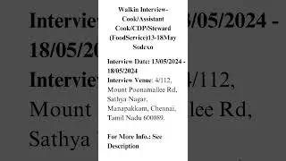 Walkin Interview-Cook/Assistant Cook/CDP/Steward (FoodService)13-18May Sodexo