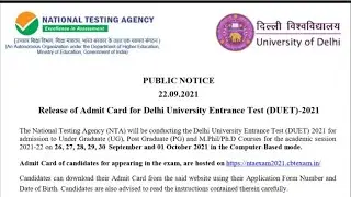 Delhi University latest update  Delhi University entrance test 2021 Admit card du admission 2021