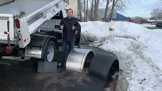 Stainless and Plastic fender options for light and medium duty trucks shown on a Ford F550 dump body