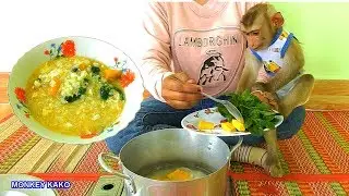 Baby Porridge!! Lovely Mom Cooking Porridge With Vegetables For Monkey Kako Very Delicious