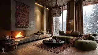 Cozy Modern Cabin Lounge &ndash; Soft Jazz & Winter Snowfall for Calm Nights