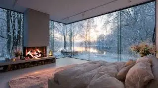 Cold Snowy Wind Ambience Outside with Warm Fireplace Inside for Peaceful Sleep and Stress Relief