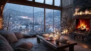 Winter Cabin Piano Night Ambience | Soft Snow Storm and Warm Firelight