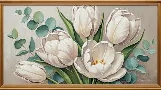 Background TV Art: Modern Farmhouse Floral Painting | 4K Frame TV Decor | White Tulips Oil Texture