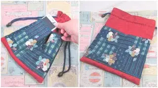 巾着バッグ 作り方　ポケット付き　裏地付き　How to make a drawstring bag