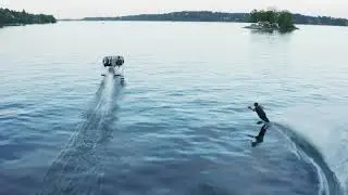 The Candela foiling speed boat. The boat foils above the water like a jet and creates now wake.