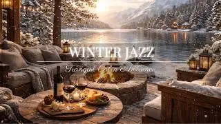 Cozy Winter Lakeside Jazz ☕Golden Sunset, Snow & Cozy Cabin | Smooth Jazz Ambience