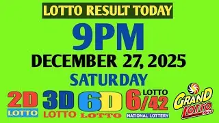 9pm Lotto Result Today Saturday pcso 2d 3d swertres ez2 December 27 2025 6d 6/42 6/55