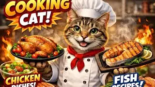 Chef Cat Cooking Chicken & Fish 🐱🍗🐟