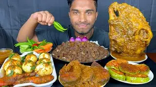 Spicy mutton Boti curry, fish curry , egg curry and full goat curry with rice mukbang eating show