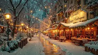 Romantic Winter Jazz ❄️ European Coffee Street at Night with Warm Golden Lights for Relax & Focus