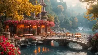 Waterfall Cafe Ambience by the Lake 🌊 Bossa Nova Jazz Music for Tranquil Reading Time