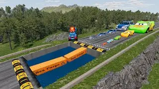Big & Small McQueen & Police Car vs Zombie Mack, Giant Water Pit & Speed Bumps Downhill Race|BeamNG