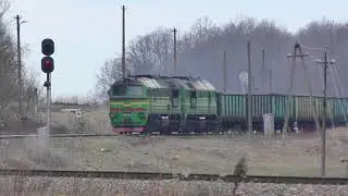 Пустынный деревенский разъезд пропускает грузовой поезд