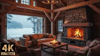 Cozy Winter Cabin Ambience ❄️ Crackling Fireplace & Falling Snow