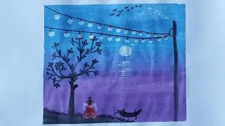 night sky moonlight scenery painting || @artdrawingpaintingwithfatima