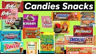 Candies & Snacks: Kit Kat, Feastables, Snickers, White Reeses,Brownie Hershey Kisses, Spicy Funyuns