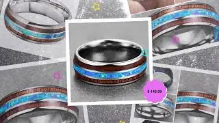 Tungsten Ring. Tungsten Blue-Green Opal with Koa Wood Grain Tri inlay Ring Tungsten 8 mm Ring.